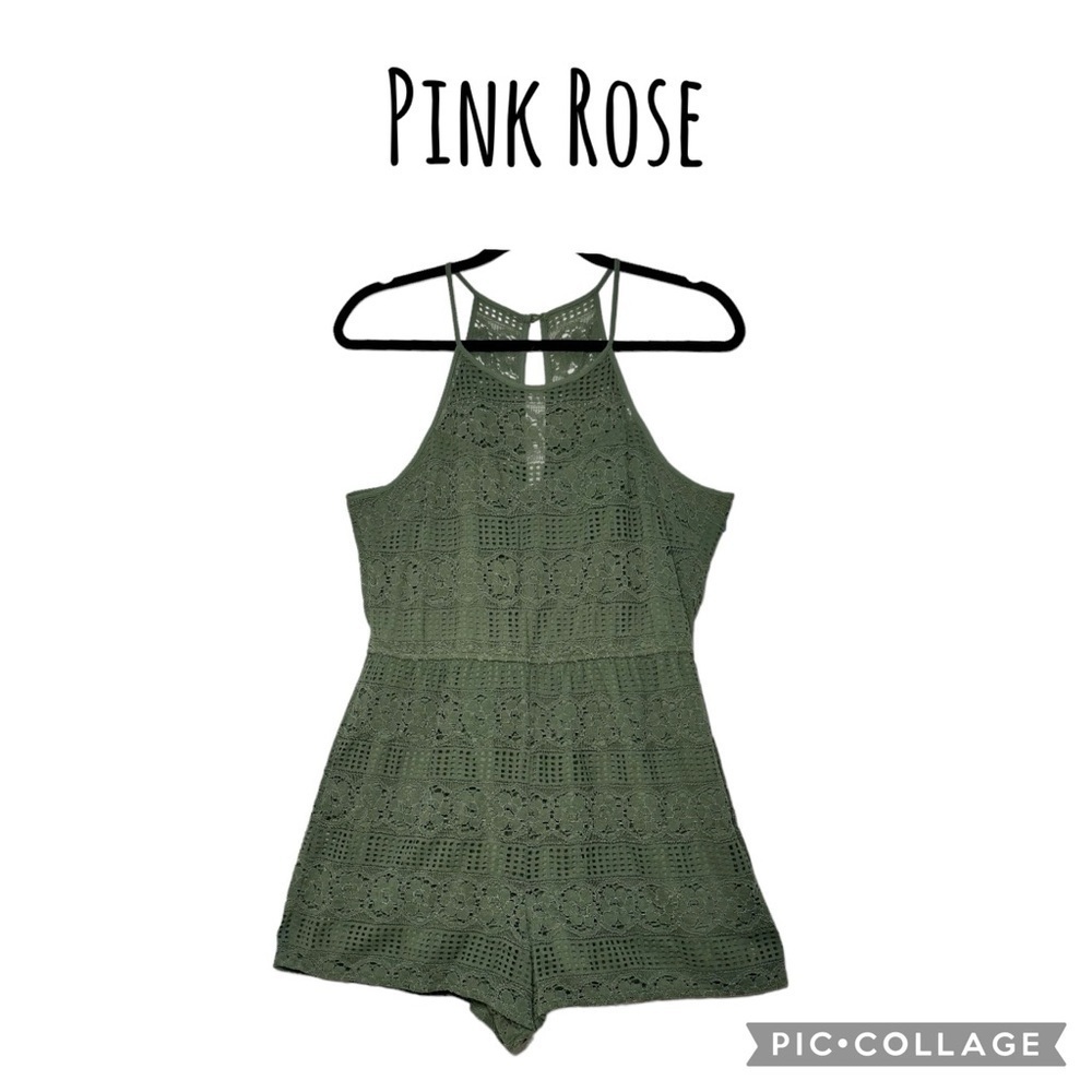 Pink Rose lace boho romper racer back olive green size L